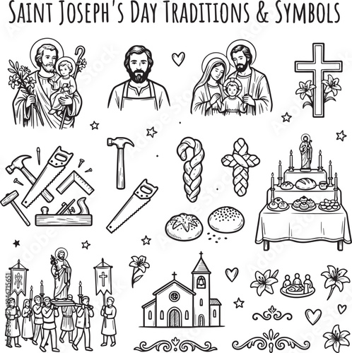 Saint Joseph's Day symbols and traditions in monochrome illustrations  