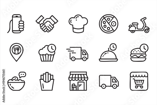Online food delivery icon set with smartphone ordering pizza burger fries scooter courier truck restaurant and takeaway service graphics