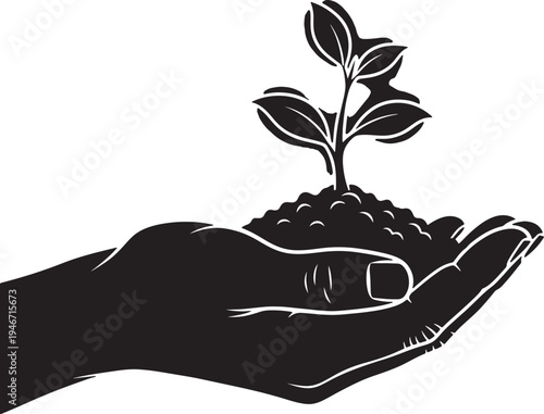 Hand holding young plant with soil black silhouette. vector illustration for growth, nature, gardening, environmental care