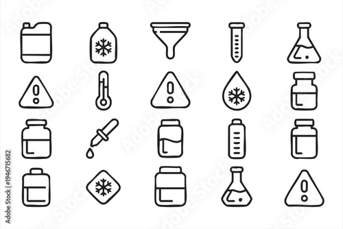 Laboratory chemistry icon set including flasks beakers test tubes droplet pipette funnel reagent bottles and scientific experiment symbols