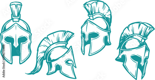 Hand Drawn Spartan Helmet Set Vector Illustration, Ancient Greek Warrior Helmet Sketch Collection.