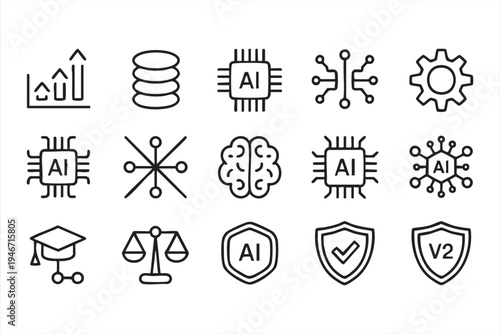 Machine learning and artificial intelligence icon set featuring AI chip neural network brain data analytics automation and digital security symbols