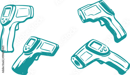 Hand Drawn Infrared Thermometer Set Vector Illustration, Digital Temperature Gun Sketch Collection.