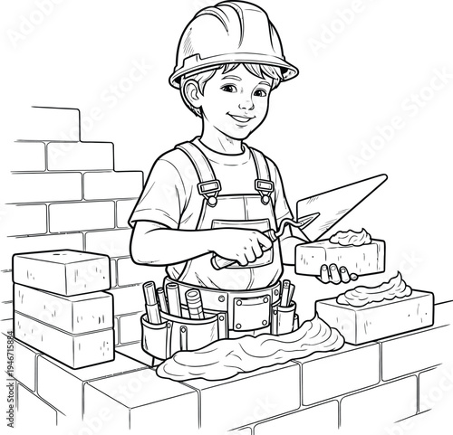A young construction worker in a hard hat building with bricks and a saw