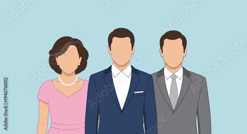 Illustration of a groom standing with his parents in formal attire against a light blue background
