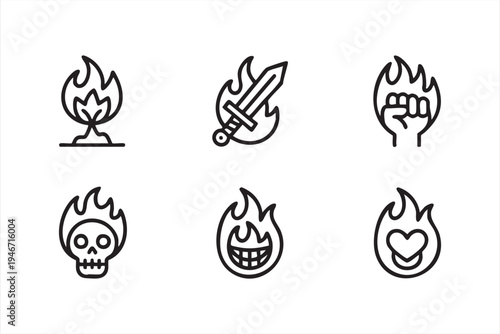 Flame fire icon collection with sword fist skull emoji heart and eco flame symbols for power rebellion warning hazard and passion concepts