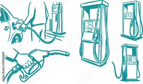 Hand Drawn Gas Station Fuel Pump Set Vector Illustration, Petrol Pump Sketch Collection.
