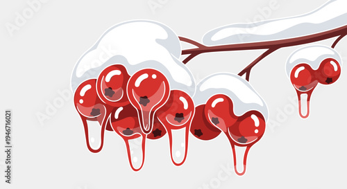 Illustration of a frozen branch adorned with snow and bright red berries, featuring a minimalist style on a light gray background