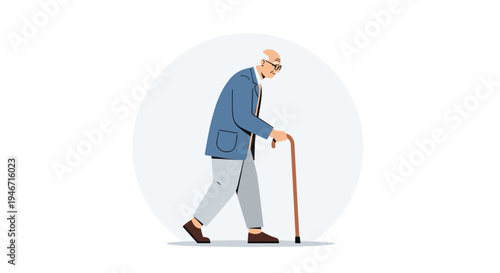 Illustration of an elderly man walking with a cane, wearing a blue jacket and gray pants, against a minimalist white background