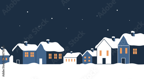 Charming snowy village at night with warmly lit houses under a starlit sky, minimalist illustration