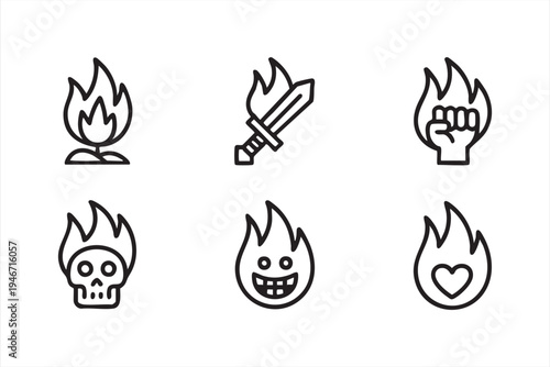 Fire flame line icons including eco flame sword rebellion fist skull emoji and heart symbols for energy danger activism and emotion graphics