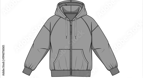 Gray hoodie with front zipper and drawstring, featuring a minimalist design on a white background