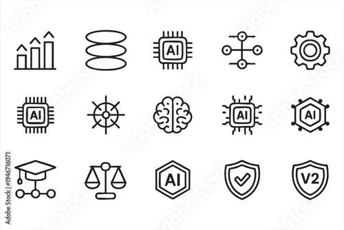 AI technology line icons including artificial intelligence chip neural network brain data analytics automation and cybersecurity protection symbols