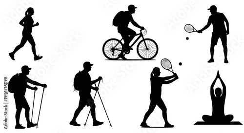 Silhouettes of active seniors engaging in various outdoor activities including cycling, hiking, and tennis against a white background, outdoors