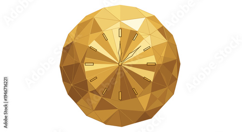 Geometric golden clock ornament with faceted polygonal design on white background, showcasing intricate reflective surfaces and elegant simplicity
