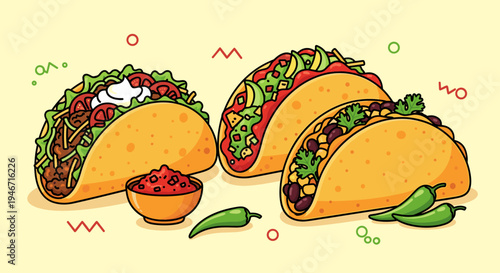 Vibrant illustration of three loaded tacos with toppings and a side of spicy salsa, featuring colorful ingredients and peppers on a light yellow background