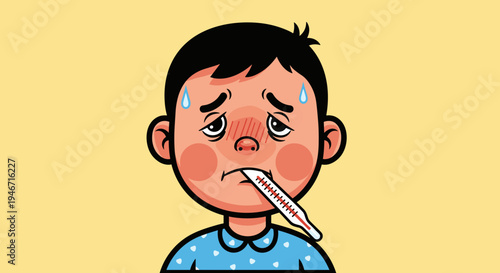 Illustration of a sick child with a thermometer in mouth, sweating and flushed, against a yellow background, wearing a blue polka dot shirt