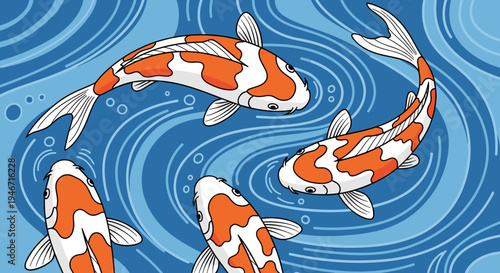 Vibrant illustration of koi fish gracefully swimming in a swirling blue pond, showcasing intricate patterns and dynamic water movement, creating a serene atmosphere