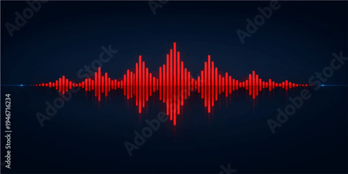 Digital blue music equalizer waveform illustration featuring a technology frequency pulse line on a dark electronic radio spectrum backdrop design
