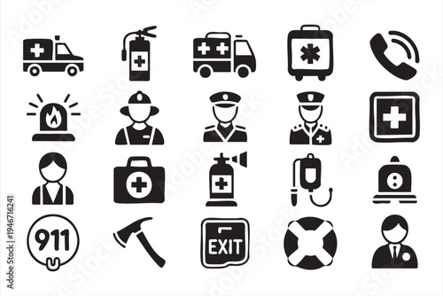 Emergency rescue services icon pack with ambulance firefighter police officer siren emergency phone first aid kit and safety symbols