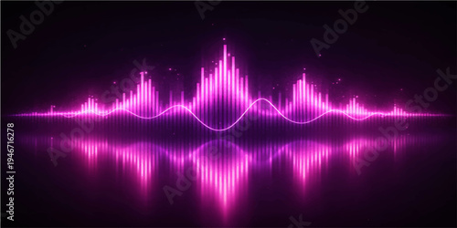 A medical digital illustration of a heartbeat pulse line forming a sound wave frequency on a red technology background, symbolizing a cardiogram or health monitor equalizer