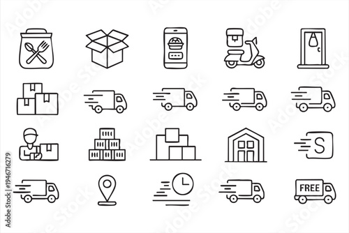 Delivery logistics shipping icon pack with courier truck scooter package boxes warehouse tracking location smartphone order and ecommerce delivery symbols