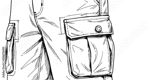 Black and white illustration of cargo pants with detailed pockets and button closures, showcasing stitching and fabric texture in a sketch style