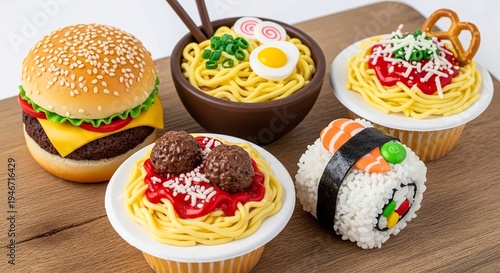A creative arrangement of dessert cupcakes designed to look like various types of food