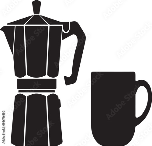 Minimalist Moka Pot and Coffee Mug Vector Silhouettes for Kitchen Branding