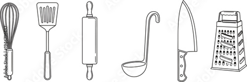 Set of essential kitchen utensils featuring a whisk spatula rolling pin ladle knife and grater in a simple outline vector design for culinary and food preparation concepts