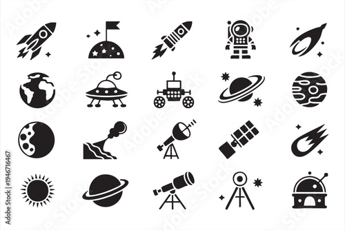 Space astronomy icon pack featuring rocket astronaut planet satellite telescope UFO rover sun moon and galaxy symbols for space exploration graphics