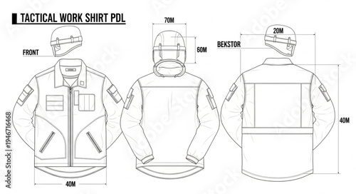 Tactical Work Shirt POL Technical Drawing for Apparel Design.