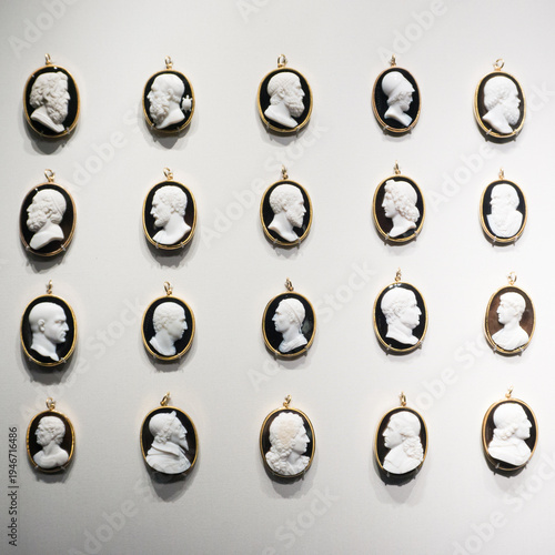 Collection of Elegant Cameo Portraits on Display