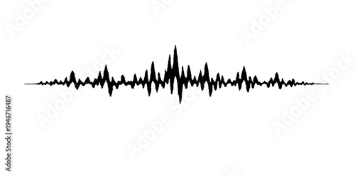 Abstract vector illustration of a medical heart cardiogram and blue digital audio sound wave equalizer pulsing over a green grass field nature backdrop