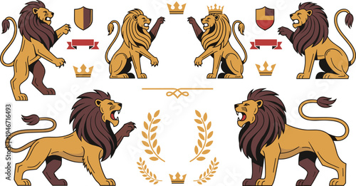 Heraldic lion mascot set with crowns, shields and laurel wreaths, medieval royal emblem collection, vintage heraldry vector illustration