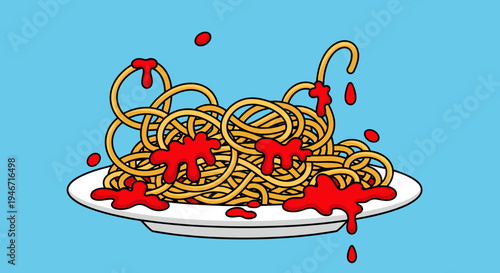 Vibrant illustration of spaghetti with rich tomato sauce splattered on a white plate against a bright blue background, creating a bold and playful pop art style