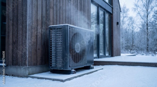 Heat pump air vents and fan area highlighted in cold winter conditions