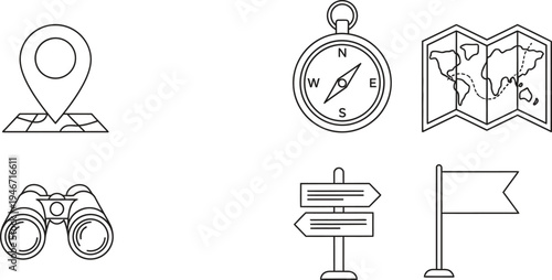 Collection of minimalist outline navigation and travel icons perfect for web and mobile app design journey planning and location-based services