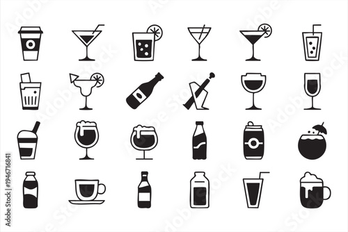 Bar beverage icon set including cocktail wine beer soda coffee juice champagne bottle and drink menu symbols for restaurant branding