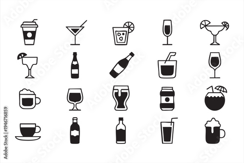 Drink menu beverage icon pack with cocktail glass wine beer soda bottle coffee juice champagne and tropical drink symbols for bar graphics