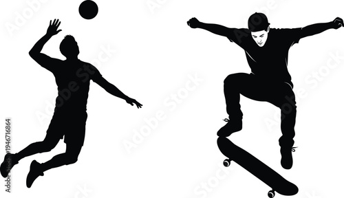 Two silhouette men engaging in action sports