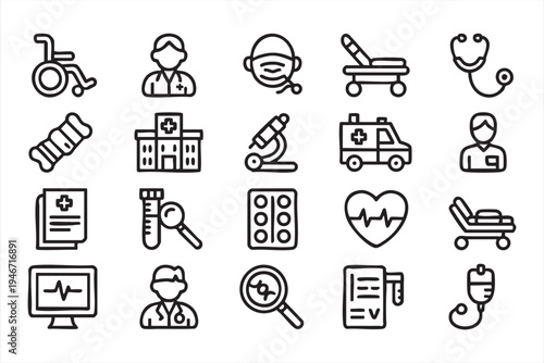 Medical healthcare icon pack featuring doctor nurse ambulance microscope stethoscope wheelchair heart monitor laboratory test medicine pills and hospital equipment