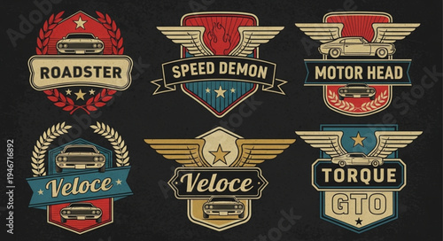 Vintage Car Emblems Collection - Roadster, Speed Demon, Motor Head, Veloce, Torque.