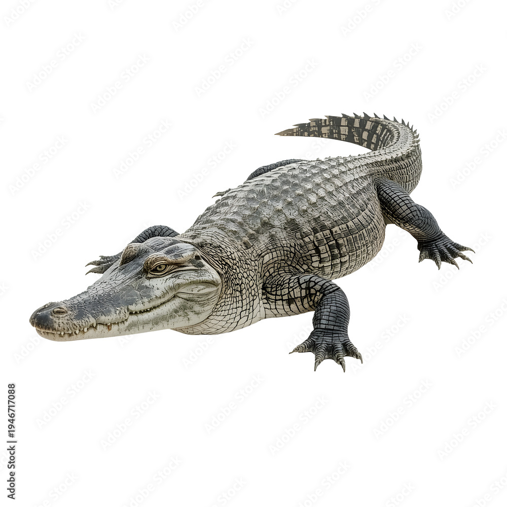 Obraz premium Gray gator crawls on a white surface with its eyes set forward