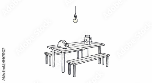 Simple Wooden Picnic Table with Benches and Objects.