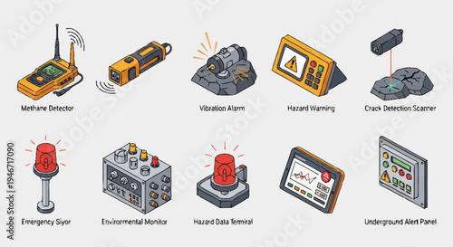 Collection of Industrial Safety and Monitoring Equipment Icons.