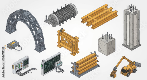 Construction and Industrial Elements Isometric Set.
