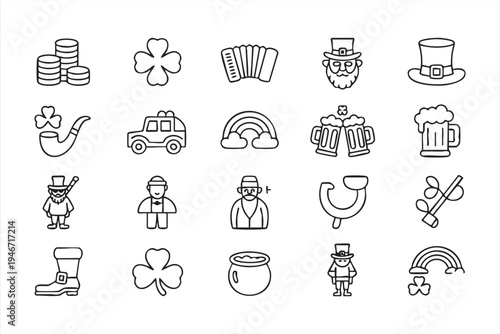 Irish festival Saint Patrick’s Day icon pack with shamrock coins leprechaun hat rainbow beer mug pot of gold and celebration symbols