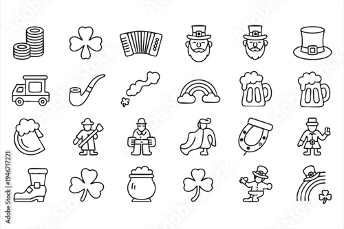 Saint Patrick’s Day celebration icon set including shamrock coins leprechaun hat beer mug rainbow accordion and Irish festival graphics