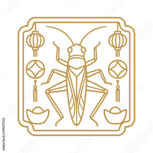 Golden grasshopper icon in traditional chinese frame with lanterns and lucky coin symbols